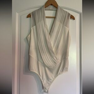 Bebe Cream Sheer Pleated V-Neck Bodysuit